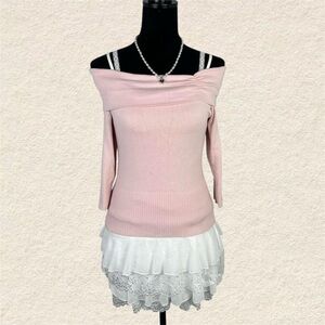 DKNY Jeans Baby Pink Coquette Off-Shoulder Sweater